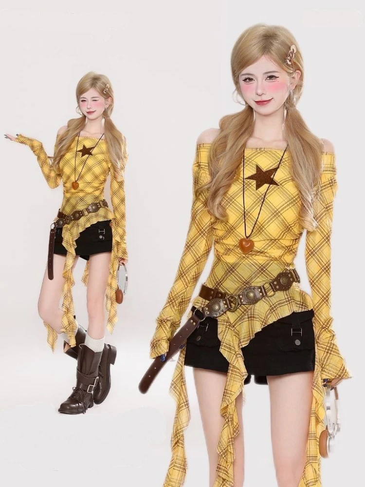 Y2K Plaid Slash Neck Vintage T - T-Shirts recension och pris
