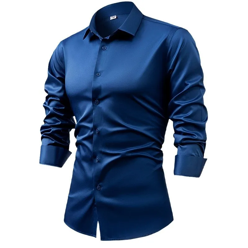 2025 Spring Autumn Royal Blue  - Mens Satin Silk Dress Shirt recension och pris
