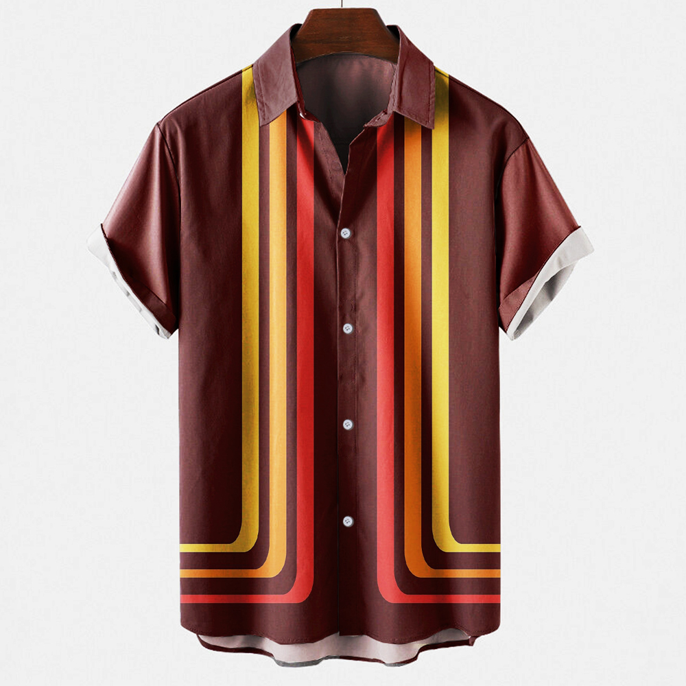 Men's Vintage Retro Striped Co - Short Sleeve Bowling Shirt Retro recension och pris
