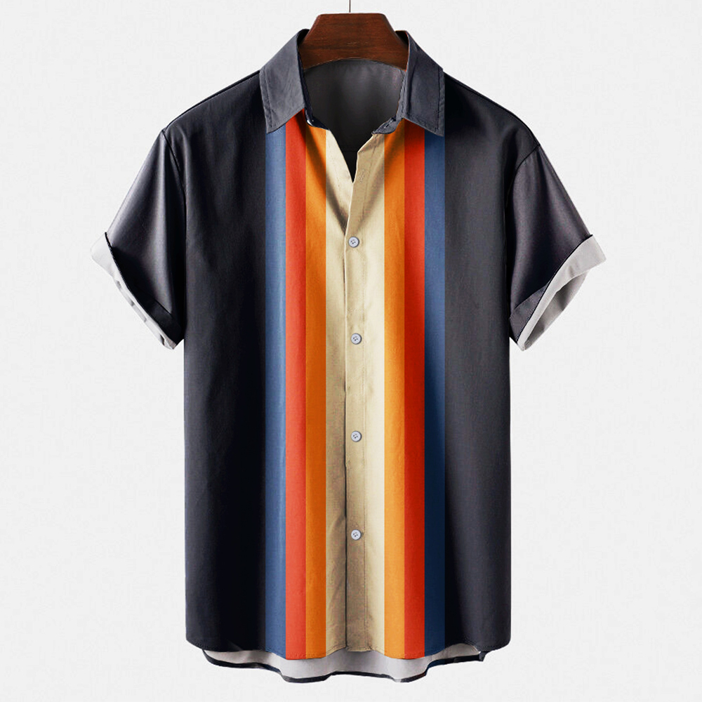 Men's Vintage Retro Striped Co - Short Sleeve Bowling Shirt Retro recension och pris