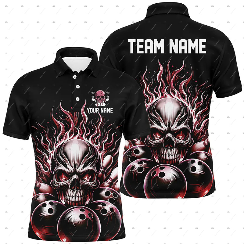 Custom Name Bowling Skull Flam - Short Sleeve Bowling Shirt Retro recension och pris