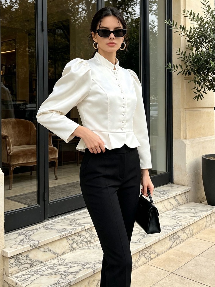 Peplum Blouse Long Sleeve Puff - Mandarin Collar Formal Shirt Slim Fit recension och pris