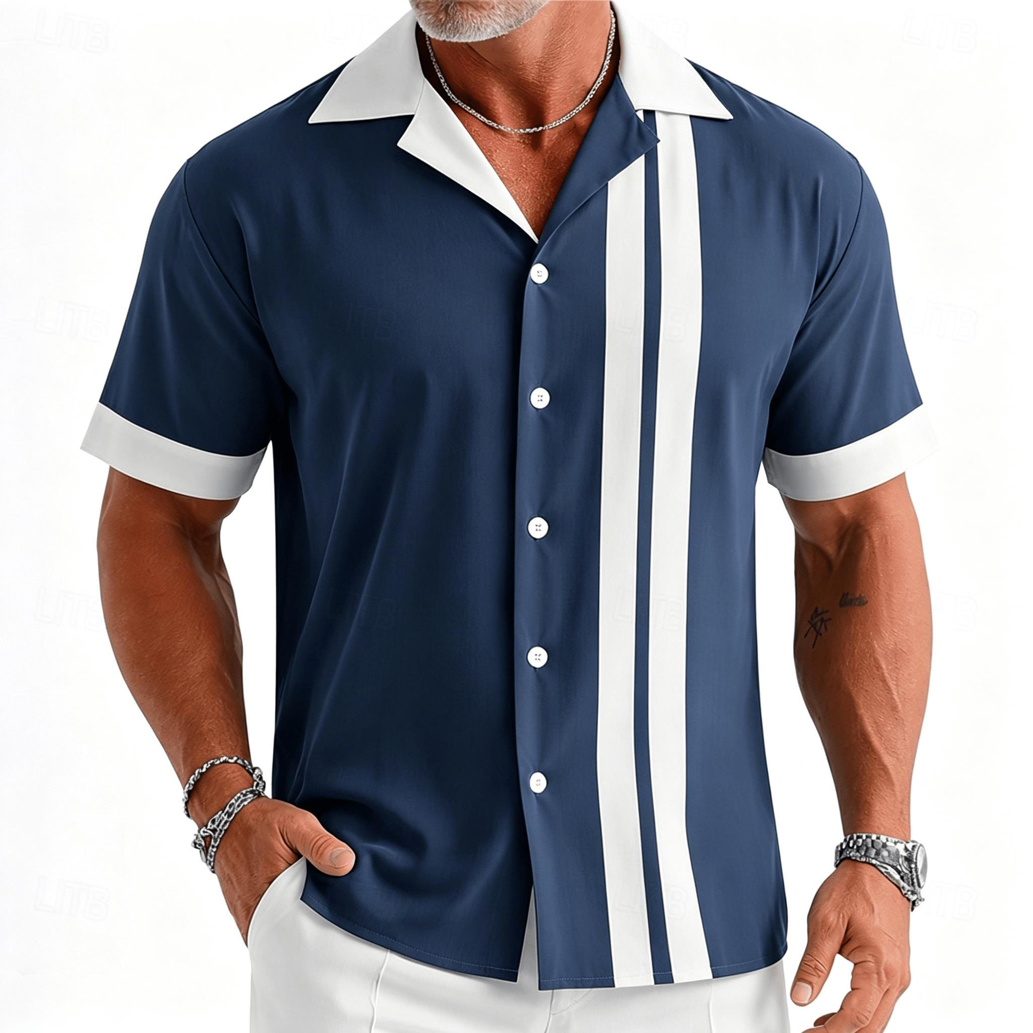 Men's navy blue and white vint - Short Sleeve Bowling Shirt Retro recension och pris