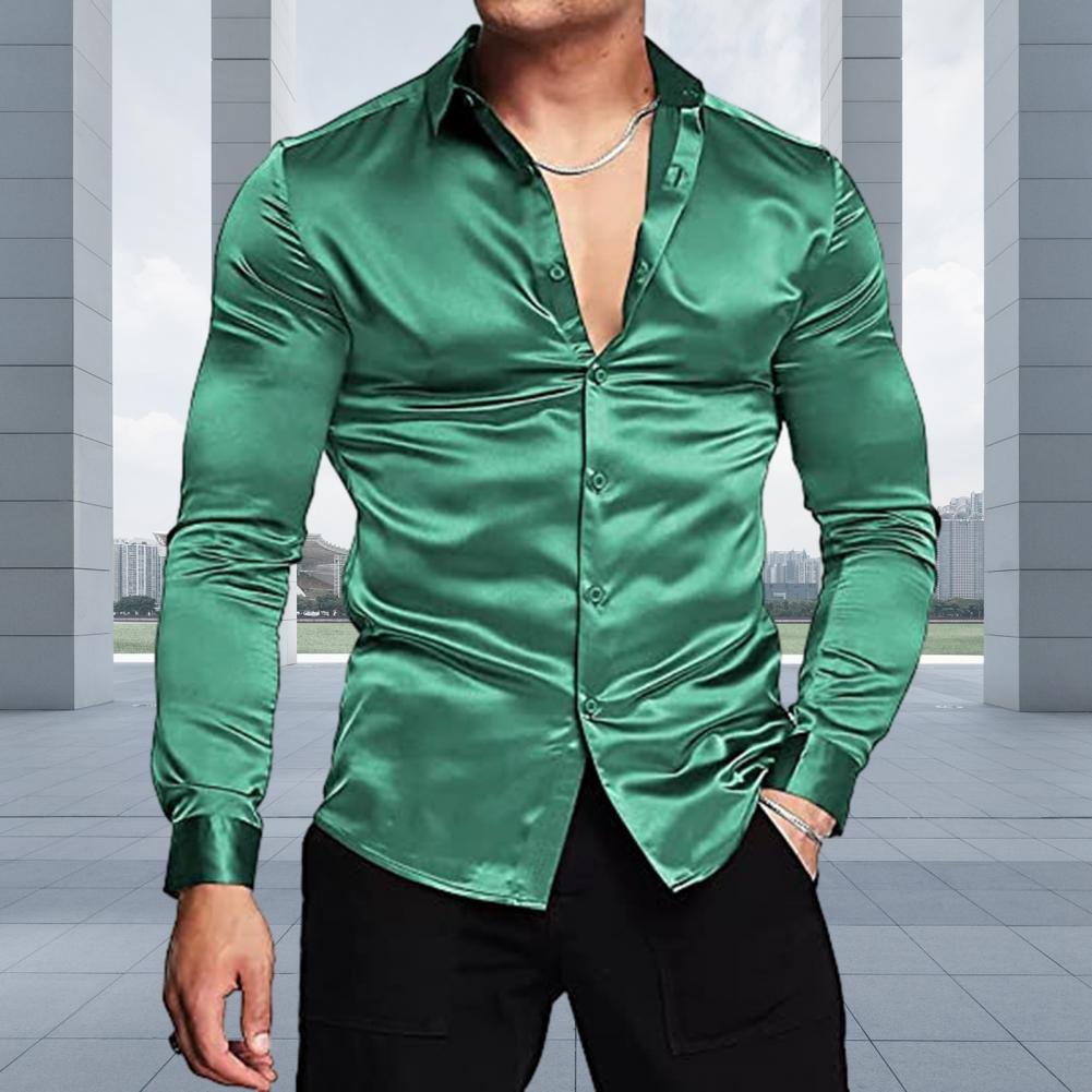 Stylish Men Shiny Silk Like Sa - Mens Satin Silk Dress Shirt recension och pris